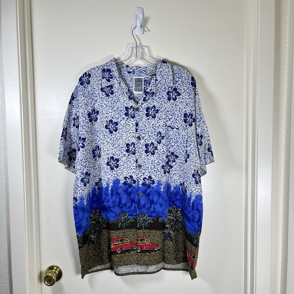 Vintage Pineapple Connection Hawaiian Shirt Camp Shirt Hibiscus Woody Wagon Sz M